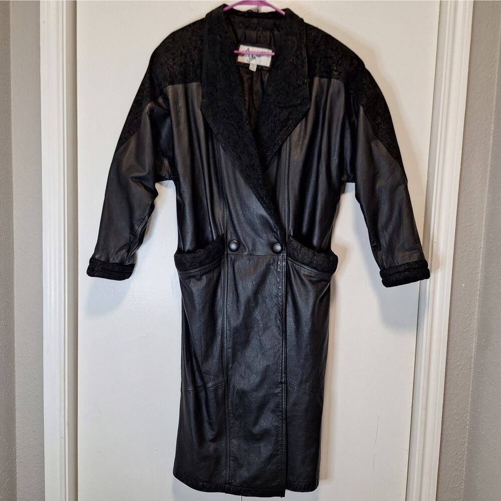 John Weitz Vintage Leather Trench Coat w Pattern Collar and Pockets Sz M